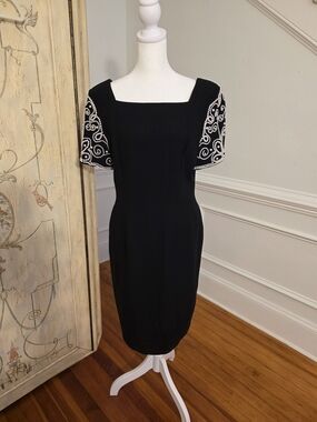 A.J. Bari Black Midi Dress with White Embroidered Sleeves